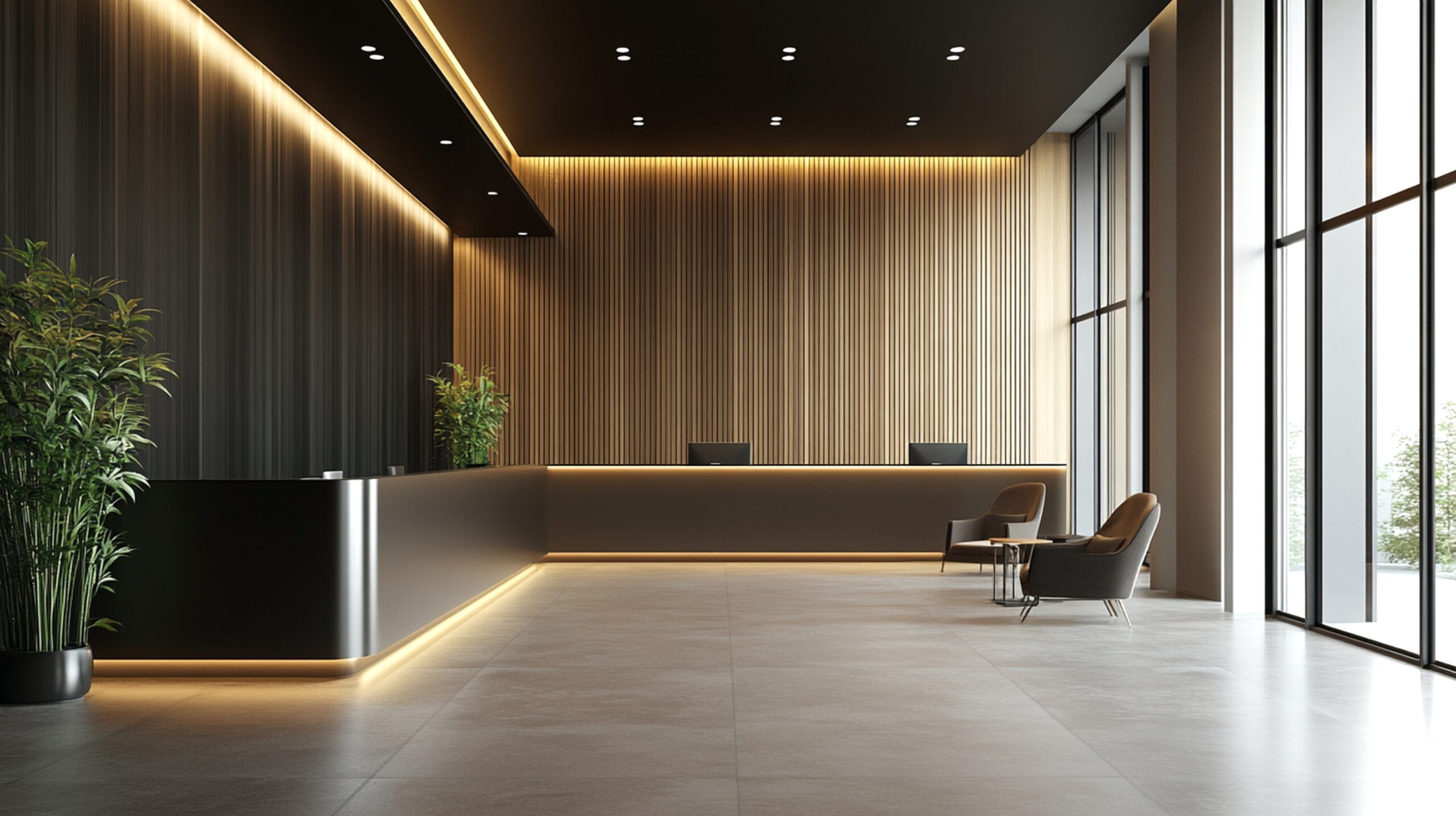 Hotel Lobby With Beautiful Interior Long Reception Desk Scaled